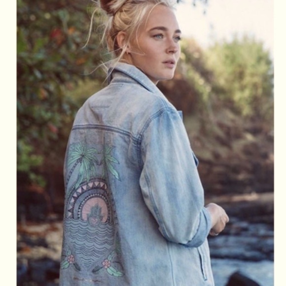 Spiritual Gangster Hamsa Pal Tree Tropical Denim Jean Jacket